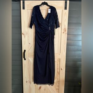 DJ Jaz 3/4 Lace Sleeve Embellished Evening Gown - Navy - 18